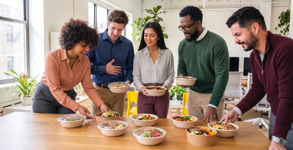 Five colleagues gathered around an office table, each picking up their own bowl from a delivered group order