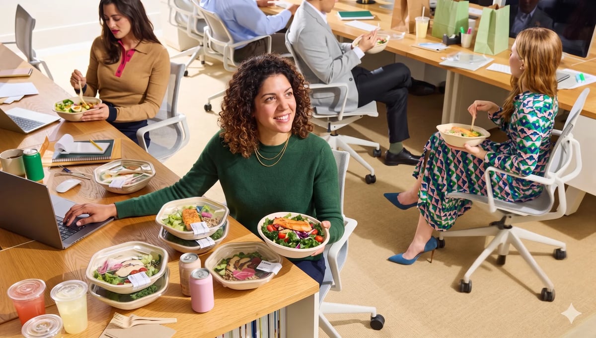 Colleagues sharing restaurant food together in a London office