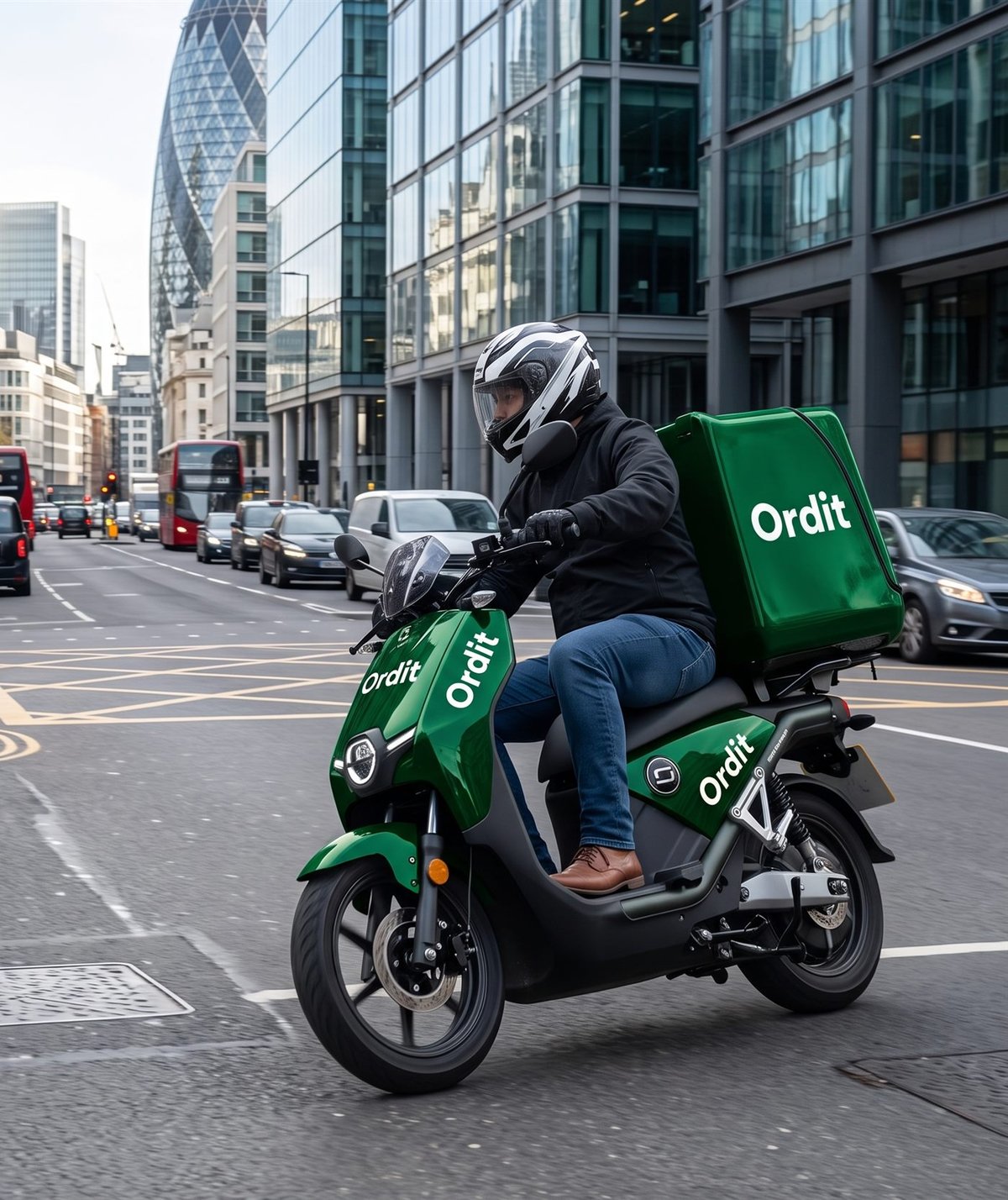 An Ordit rider on a branded moped delivering office meals on a City of London street