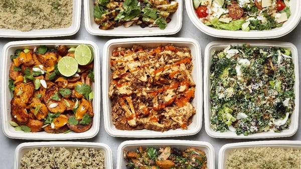 atis catering feast trays of grains, roast vegetables, salads and proteins laid out side by side