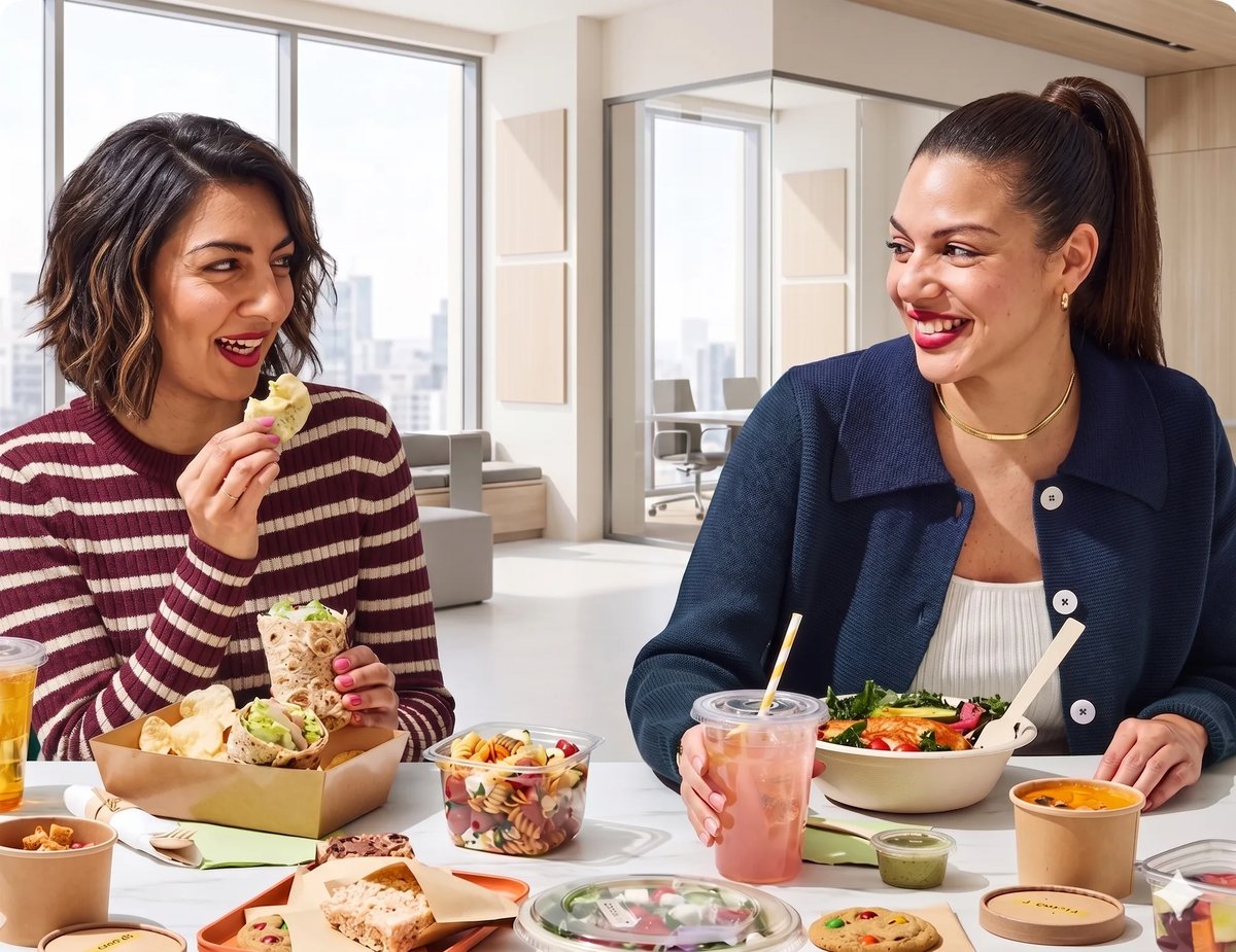 A group lunch delivery being shared by a team